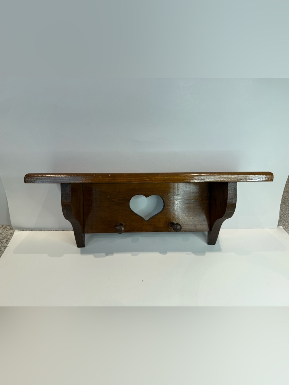 Vintage Dark Wood Wall Shelf with Heart Cut-Out & Pegs Cottagecore